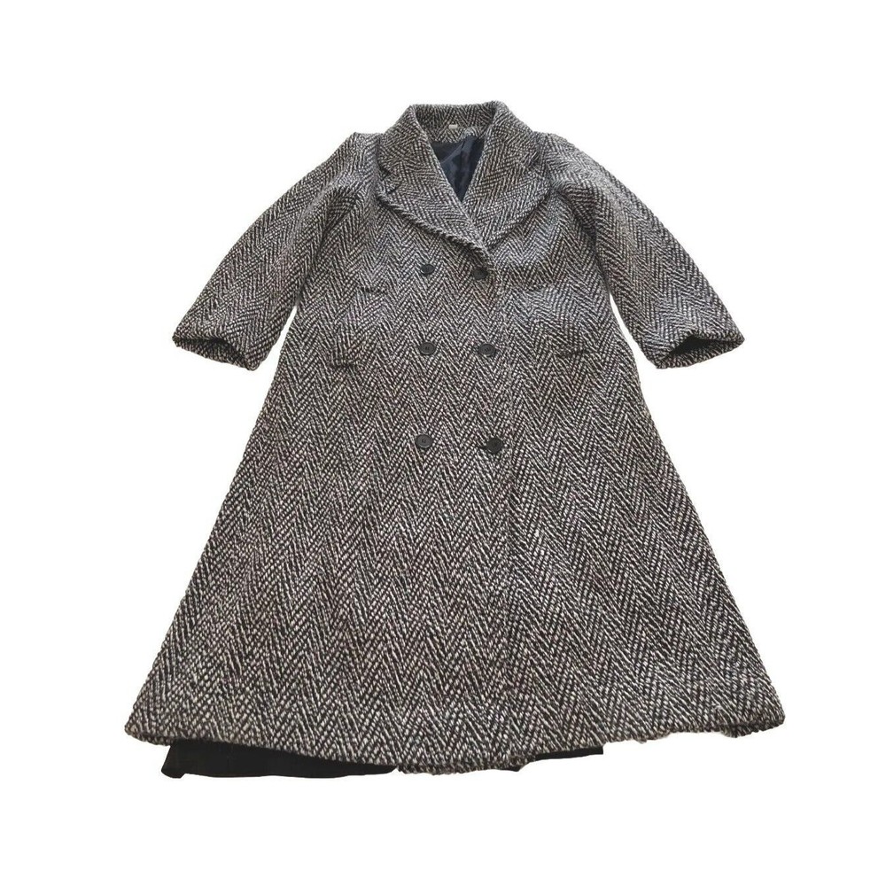 Vintage 80s British Lion Wool Trench Coat Black/White Womens Size 8 Herringbone - Picture 4 of 16